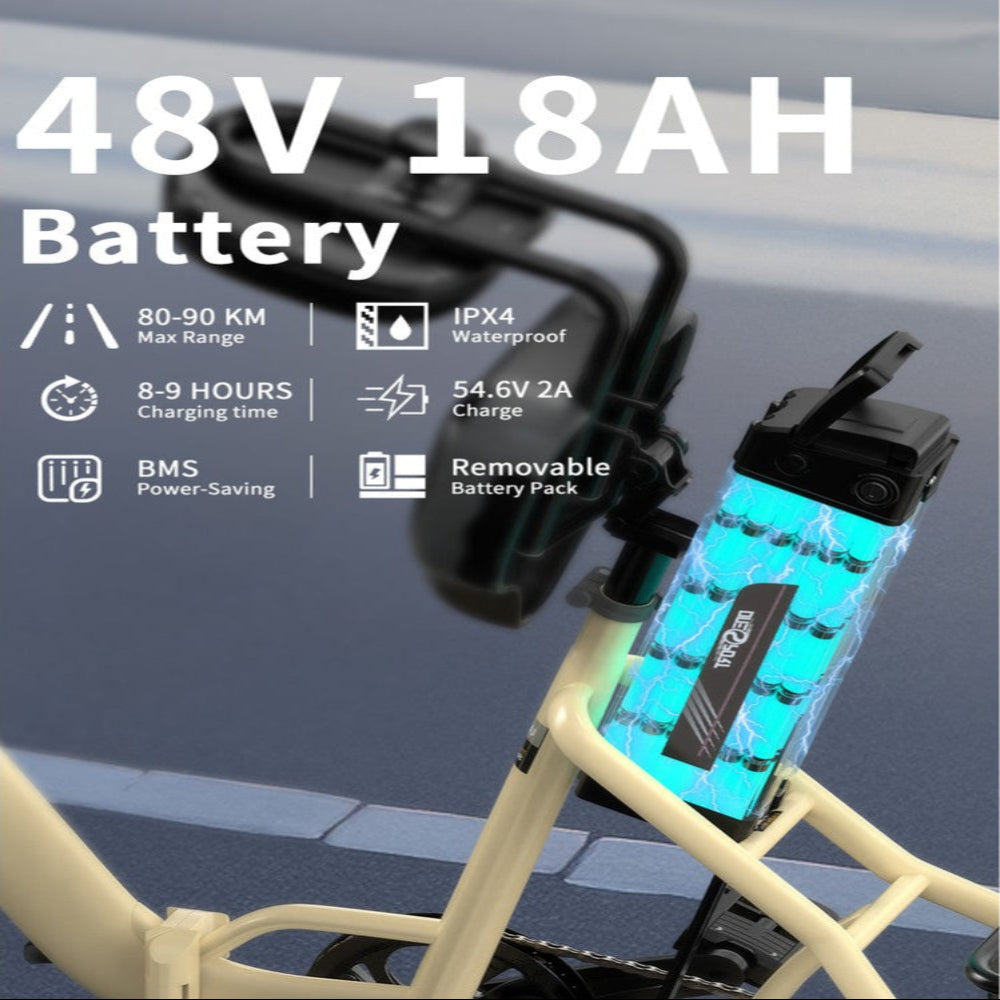 Bicycle battery pack with specifications on a blurred background