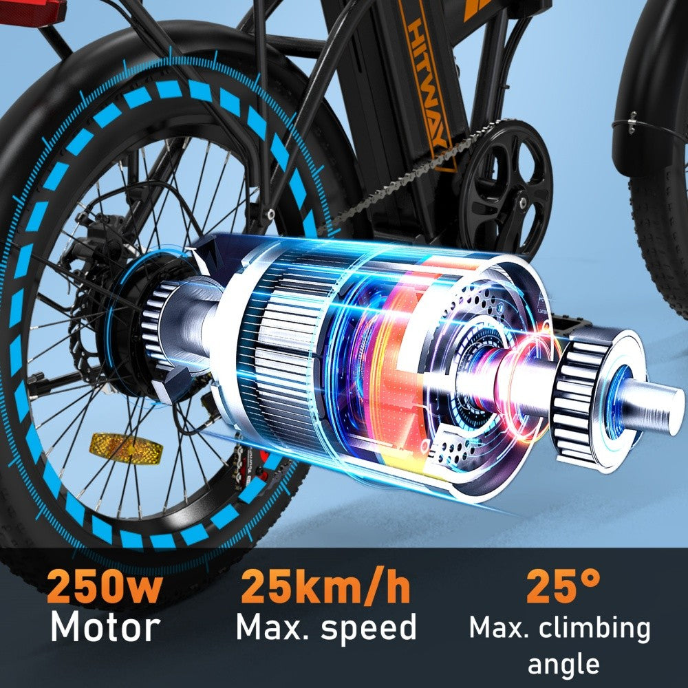 Close-up of a bicycle motor with specifications on a blue background