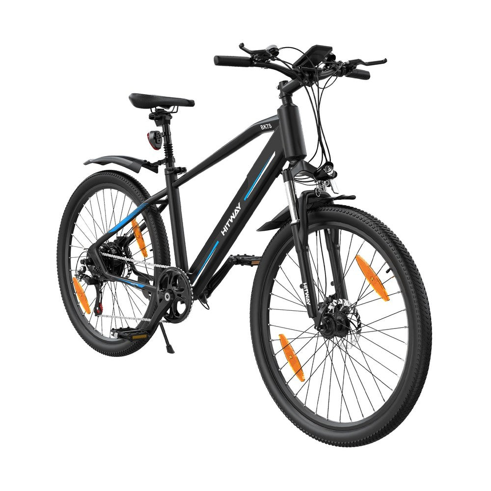 Black electric bicycle with orange reflectors on a white background