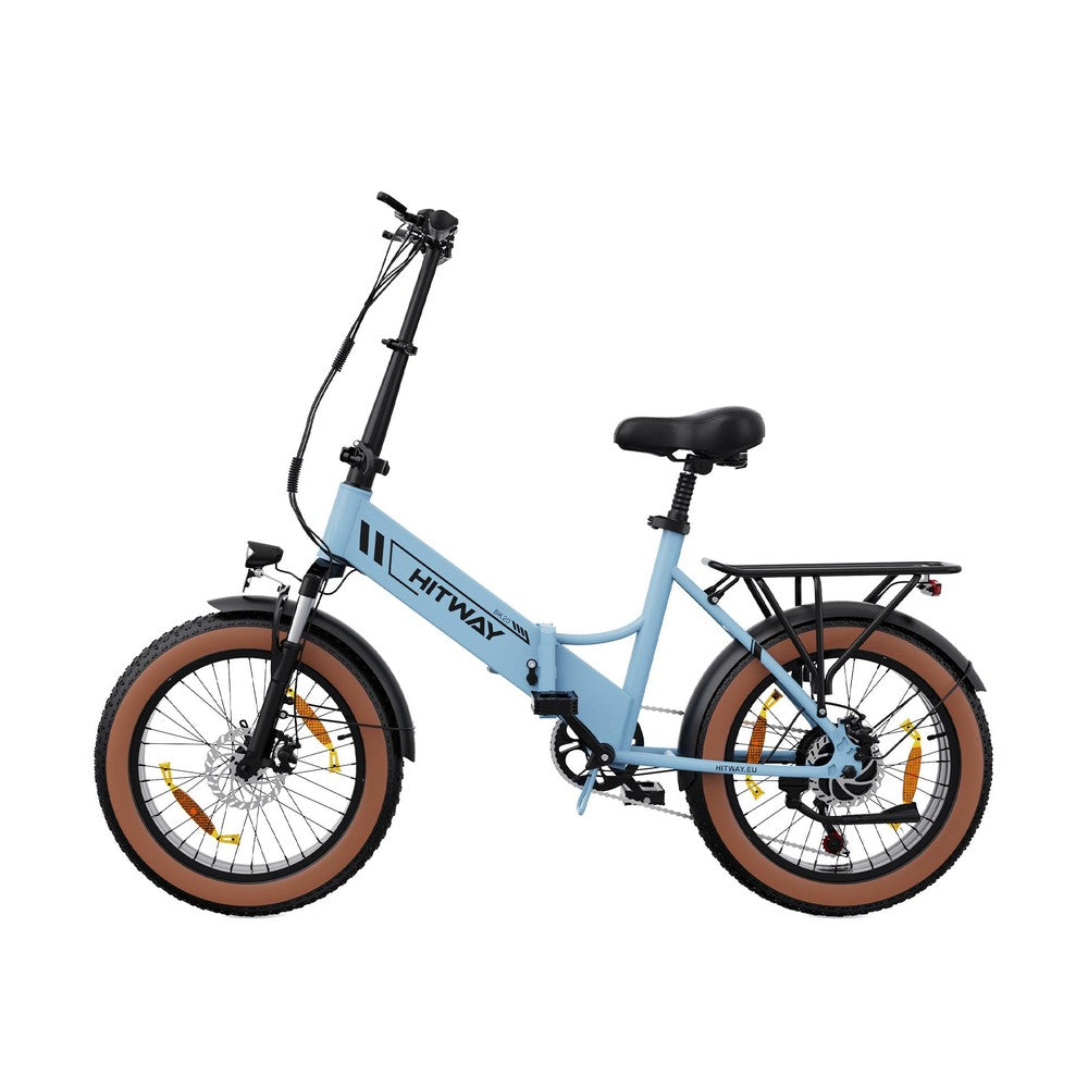 Blue electric bike with brown wheels on a white background