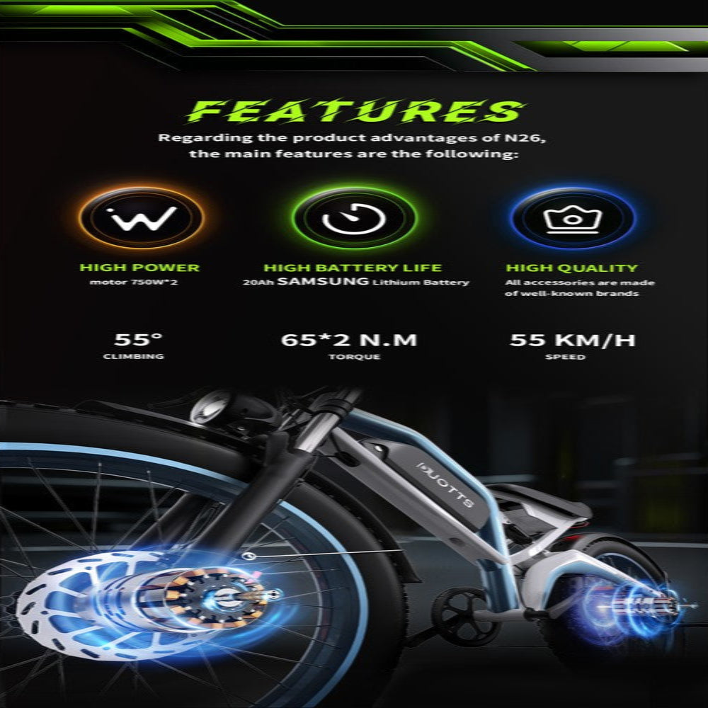 Electric bike with feature highlights on a dark background