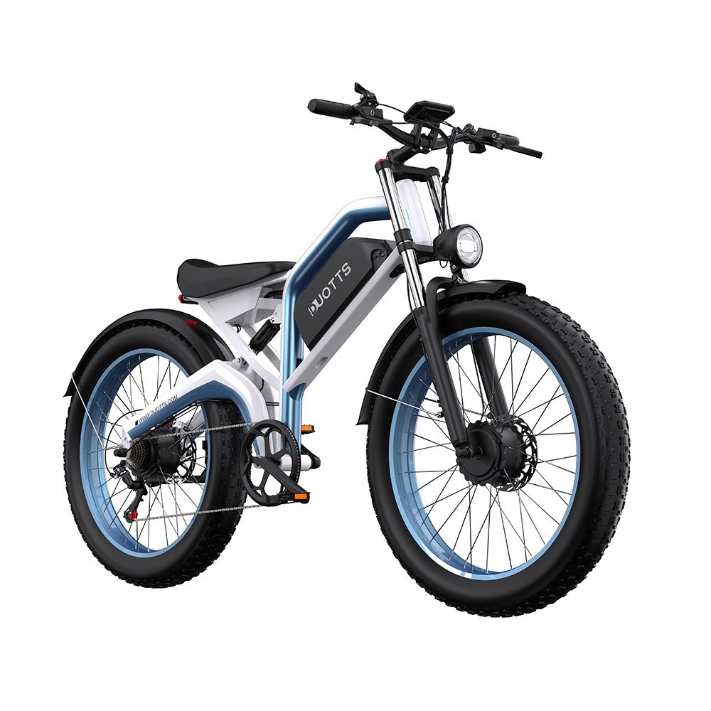 Electric bike with 'DUOTTS' branding on a white background