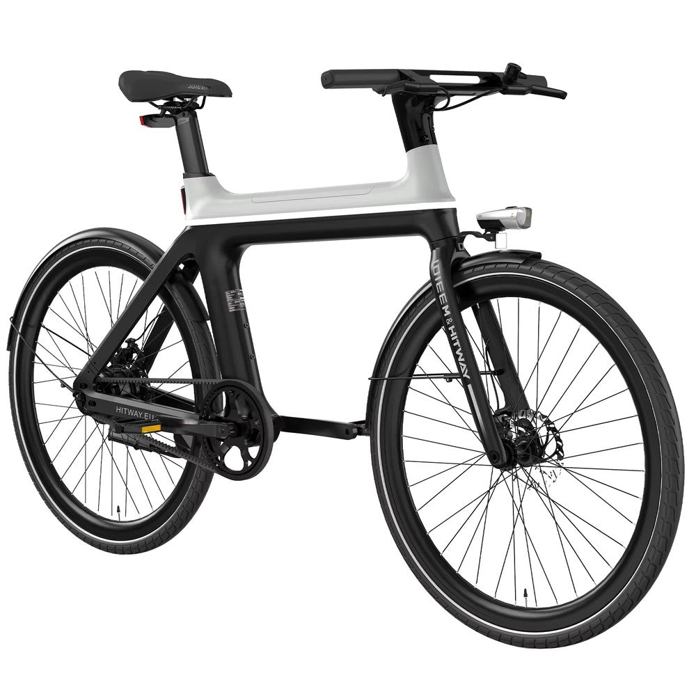 Modern bicycle with a white frame and black components on a white background