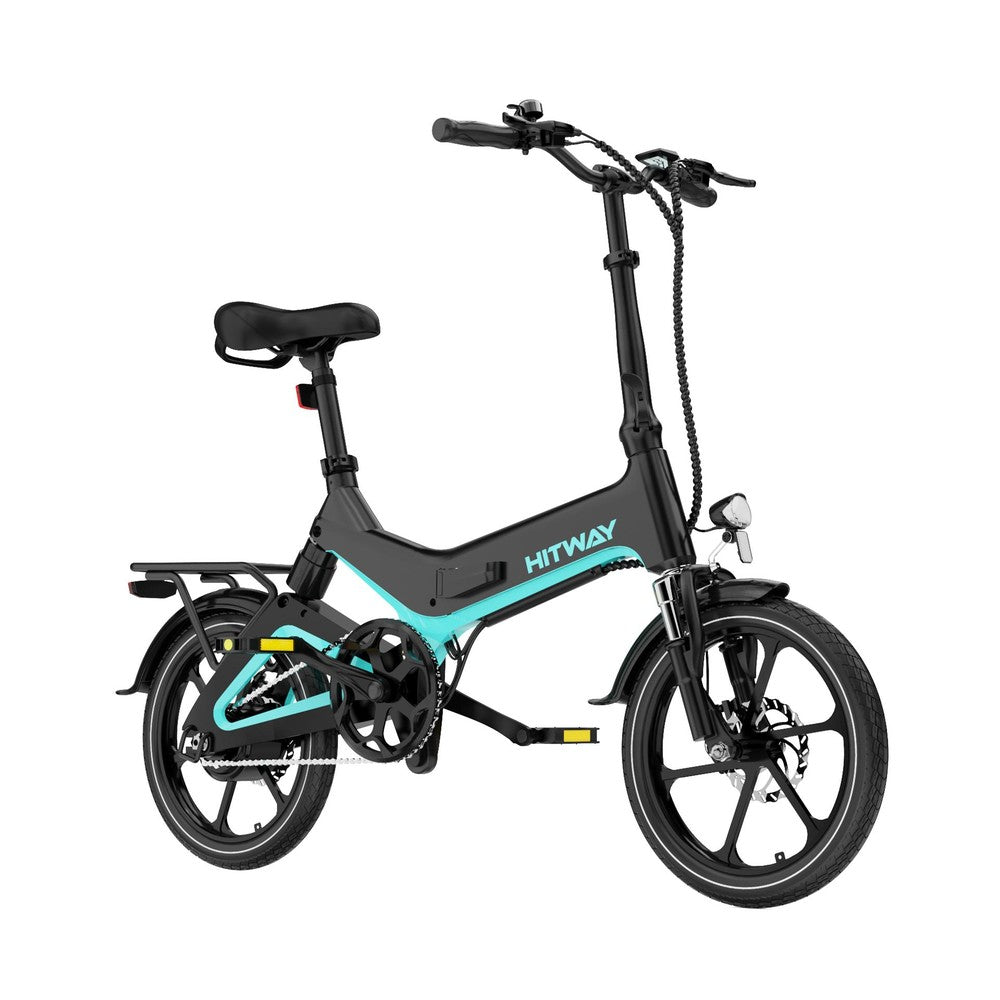 Black and turquoise electric bike with 'HITWAY' branding on a white background