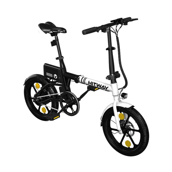 White and black Hitway electric bike on a white background