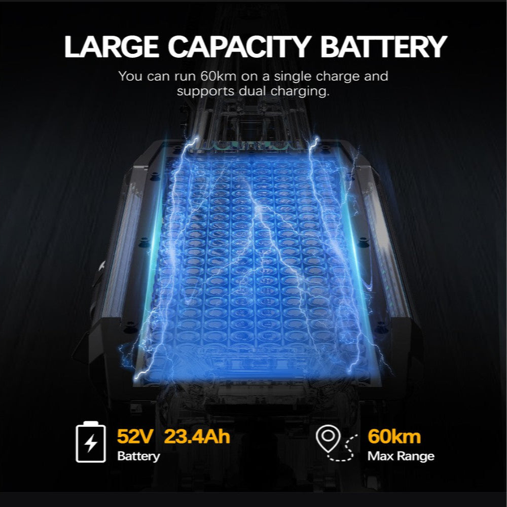 Battery pack with glowing blue interior, text about battery capacity and range on a black background