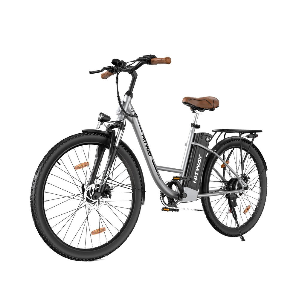 Silver electric bike with brown seat and handlebar grips on a white background