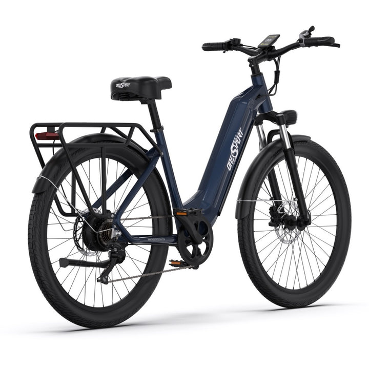 "DUO OT05 Electric Bike in blue, featuring a 27.5"" Aluminum Frame, spoked wheel with pneumatic tires, and integrated oil disc braking system."