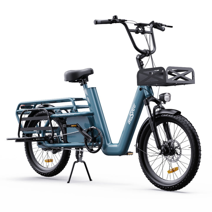 "DUO OT01 Electric Bike in bright blue color with front and rear lights, hydraulic disc brakes, and power-off brake handles"