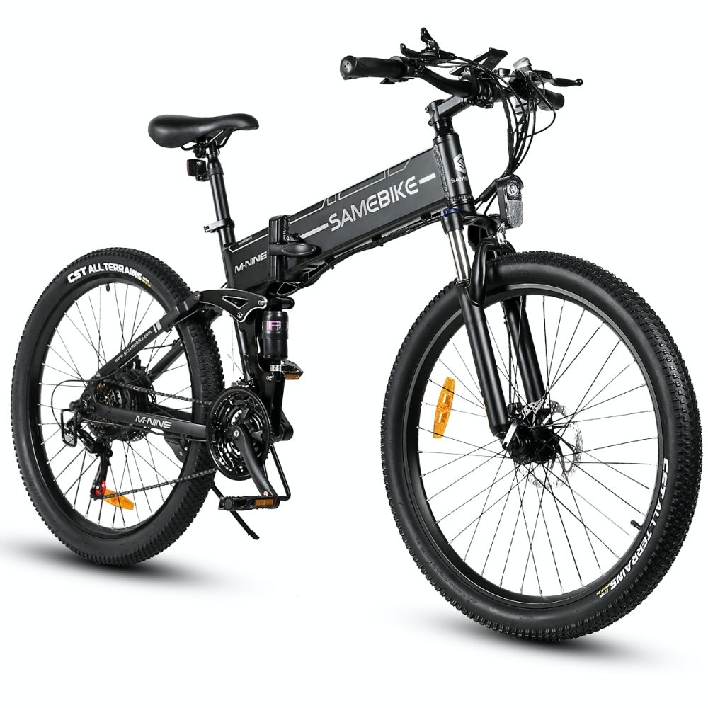 "Foldable SAM LO26-II YD mountain e-bike with 900W motor and 48V 14AH battery, equipped with Shimano 21 speed shifter and hydraulic disc brakes."