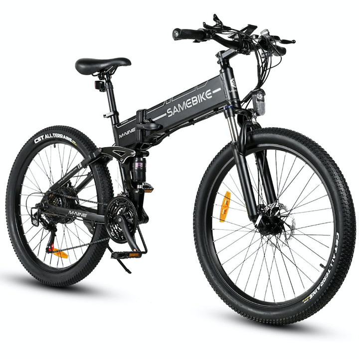"Foldable SAM LO26-II YD mountain e-bike with 900W motor and 48V 14AH battery, equipped with Shimano 21 speed shifter and hydraulic disc brakes."