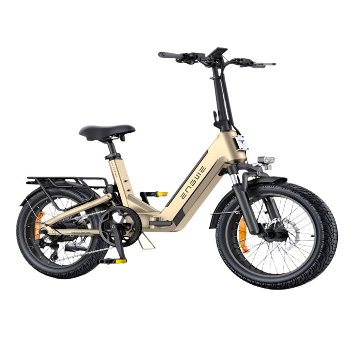 Beige electric bike with black accents on a light gray background