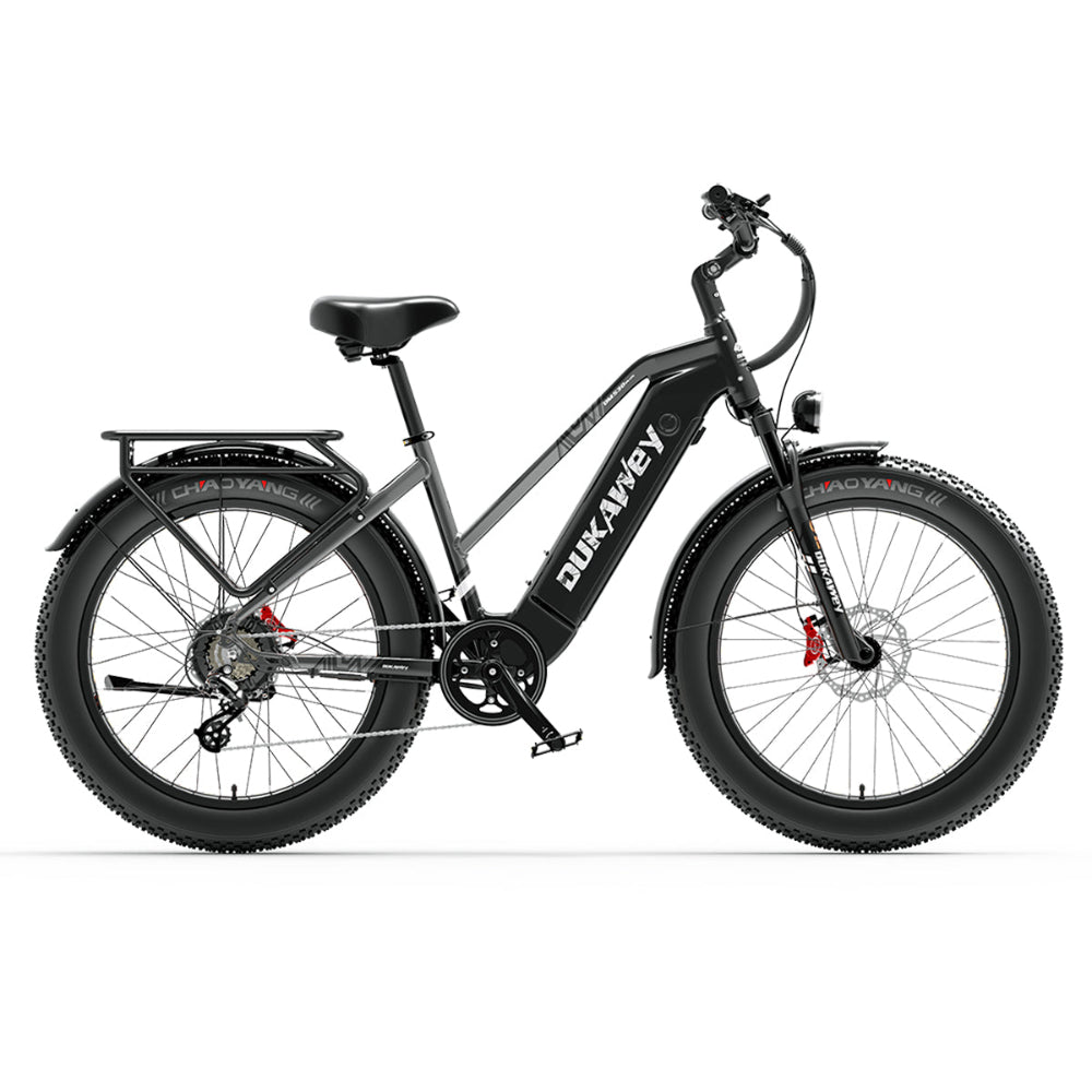 Zwarte elektrische fiets met 'DUKAvey'-logo op een witte achtergrond