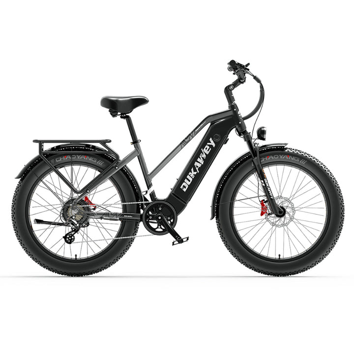 Zwarte elektrische fiets met 'DUKAvey'-logo op een witte achtergrond
