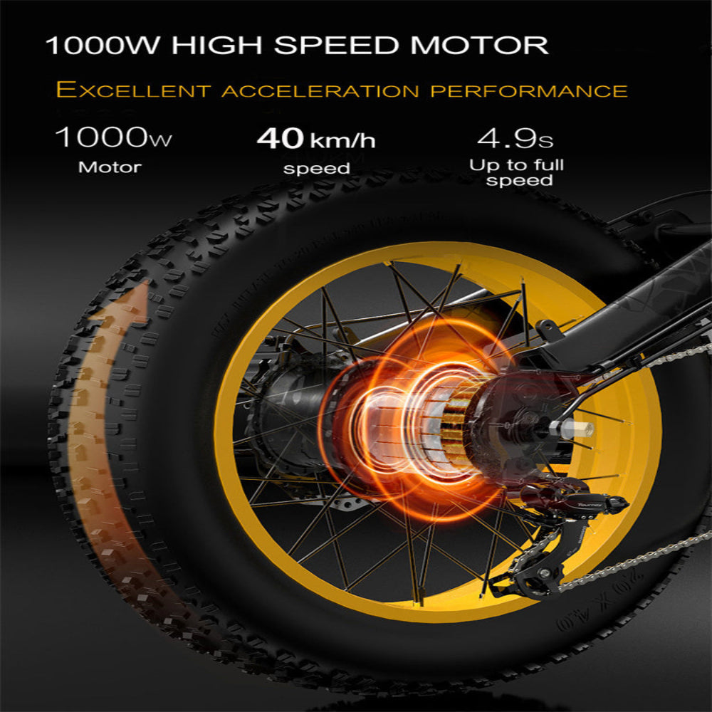 Bicycle wheel with high-speed motor and performance specifications on a dark background