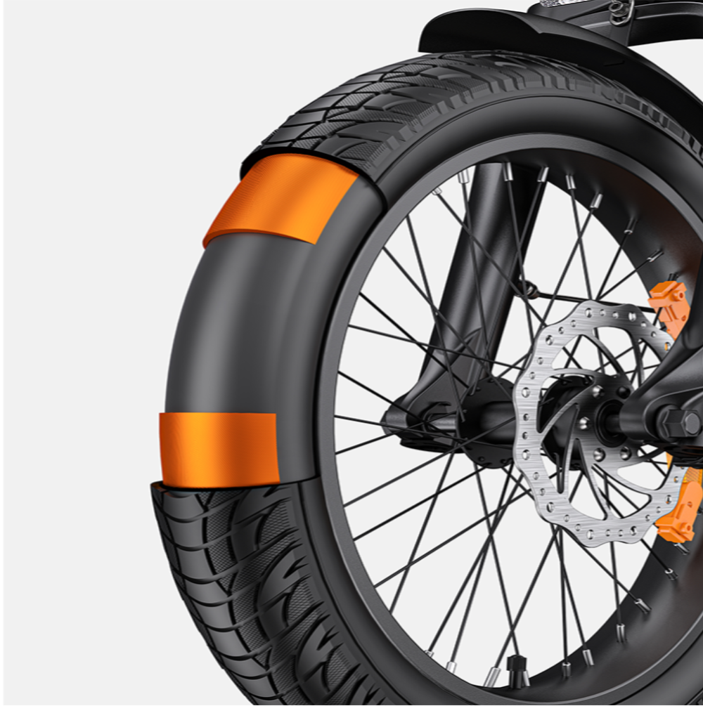 Close-up of a motorcycle wheel with orange accents on a white background