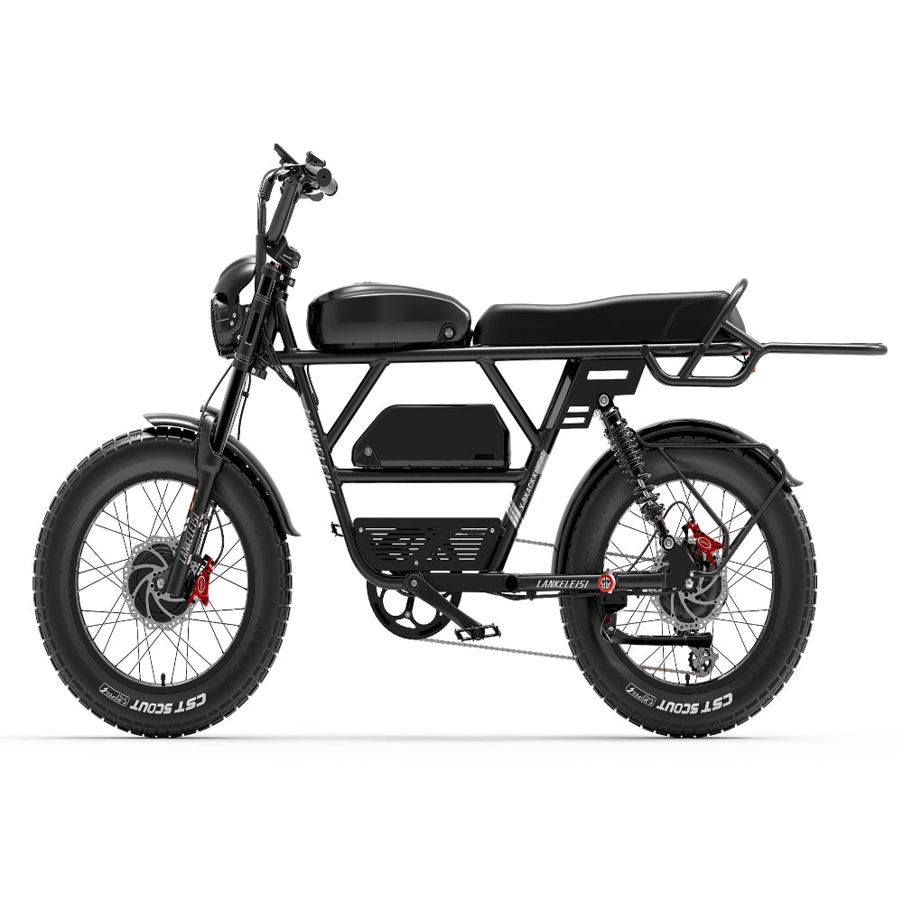 Black electric bike with large wheels on a white background