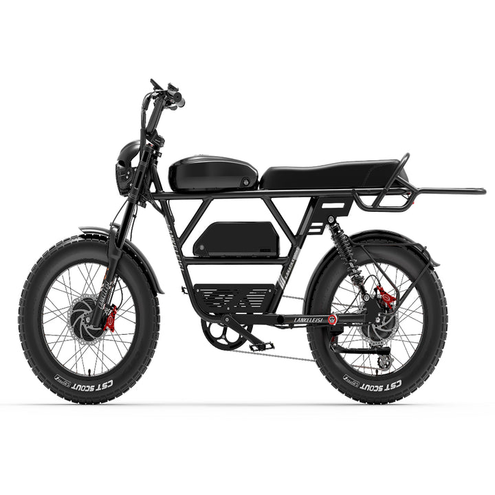 Black electric bike with large wheels on a white background