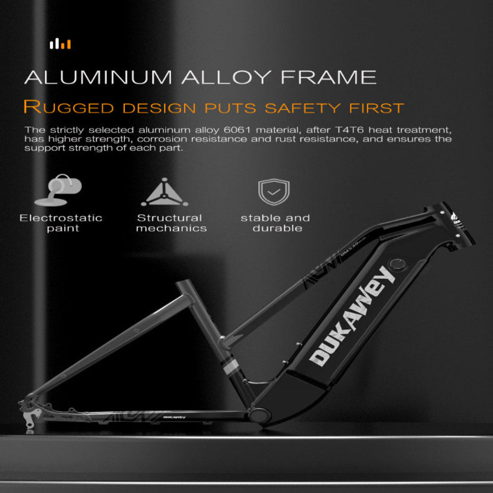 Bicycle frame with 'DUKAWAY' branding on a dark background