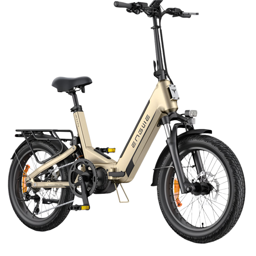 Beige electric bike with black seat on a white background