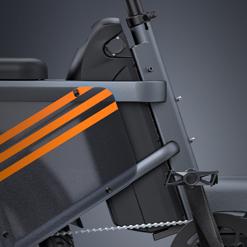 Close-up of a vehicle seat with orange and black stripes on a gray background