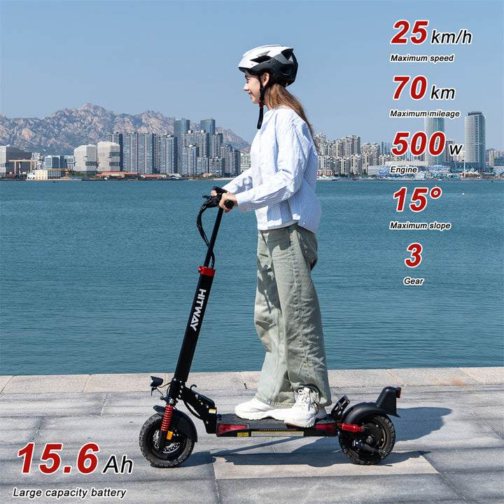 Person riding an electric scooter with specifications displayed, set against a cityscape and water background.