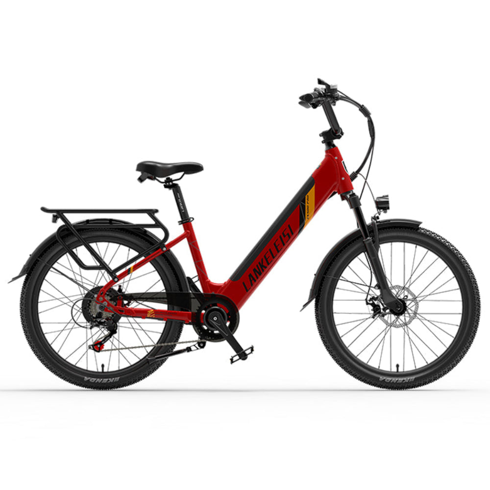 Red electric bike with black frame on a white background