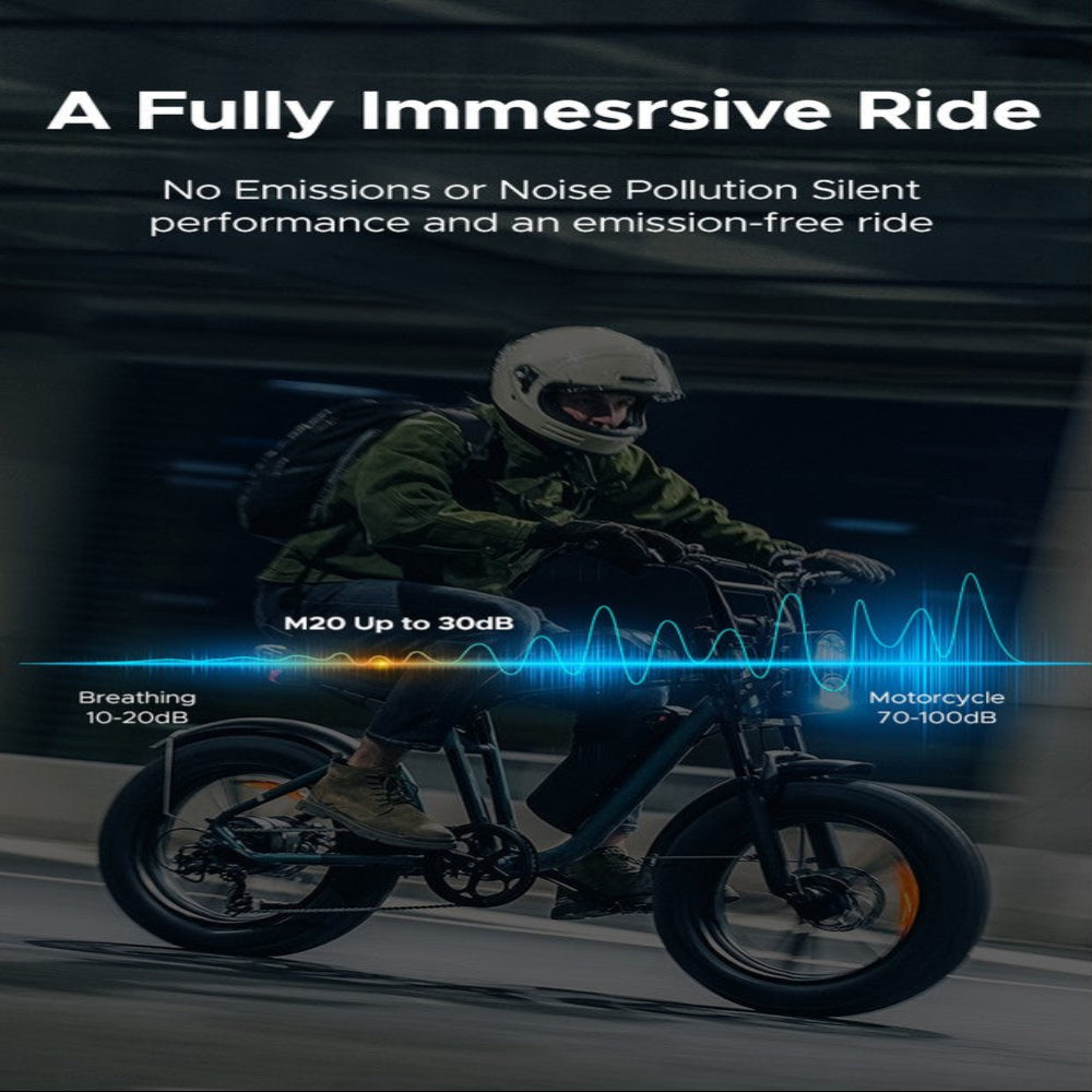 Person riding a motorcycle with text about an immersive ride and emission-free performance.