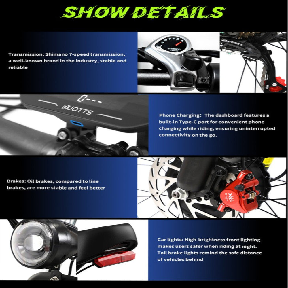 Bicycle components with text detailing features like transmission, charging, brakes, and lights.