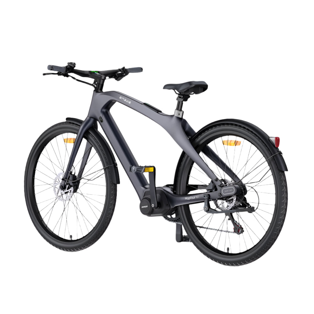 Grijze elektrische fiets op witte achtergrond