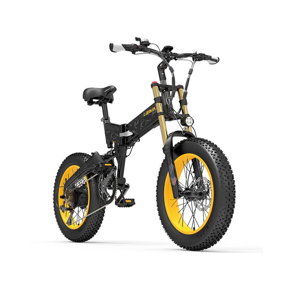 Black and yellow electric bike on a white background