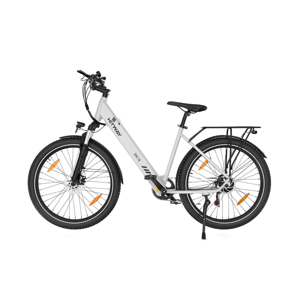 White electric bicycle with black tires and orange reflectors on a white background