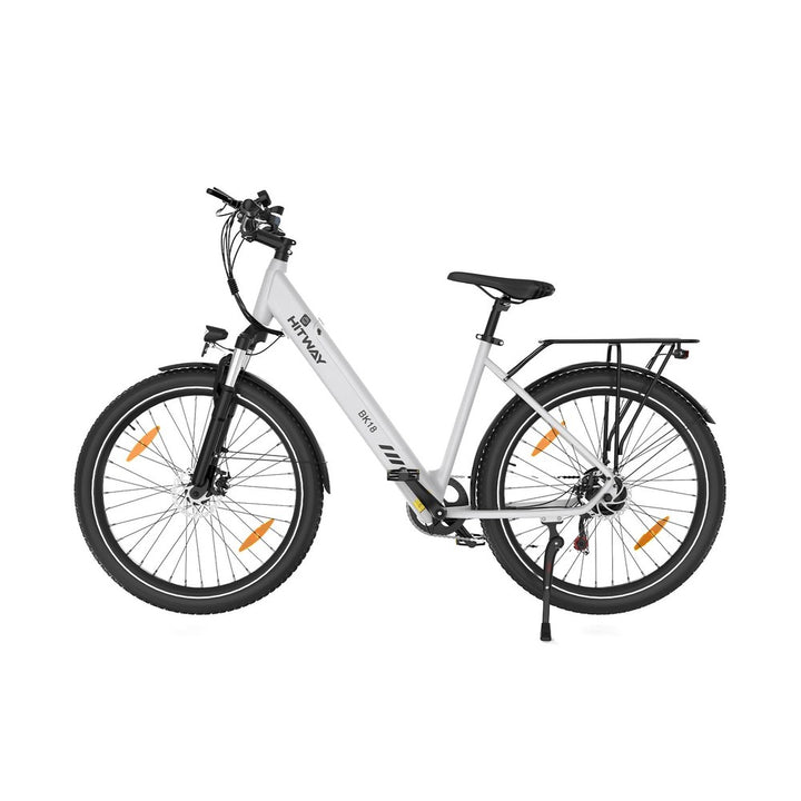 White electric bicycle with black tires and orange reflectors on a white background