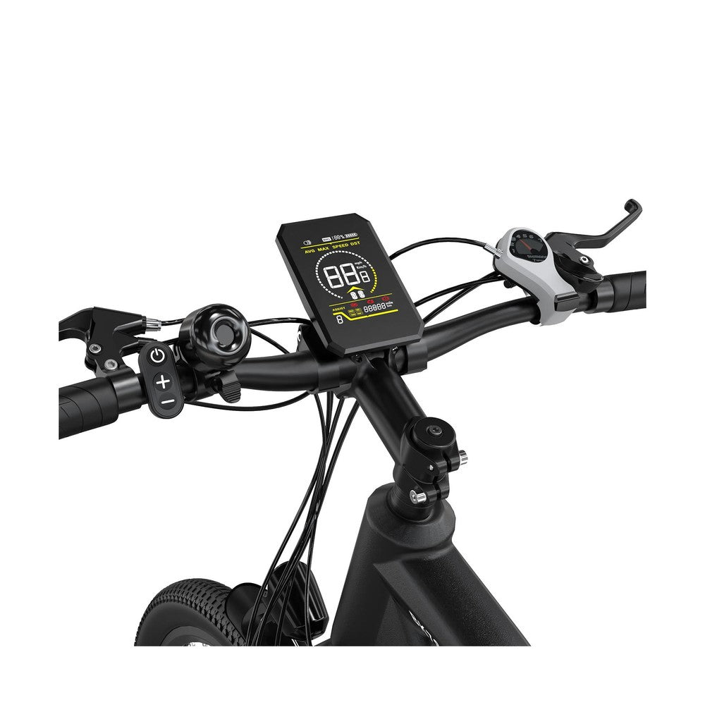 Fietsstuur met digitaal display en bedieningsknoppen op een witte achtergrond