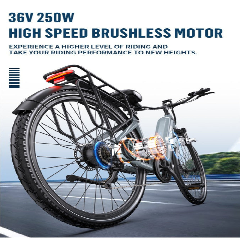 Electric bicycle with high-speed brushless motor on a road with scenic background