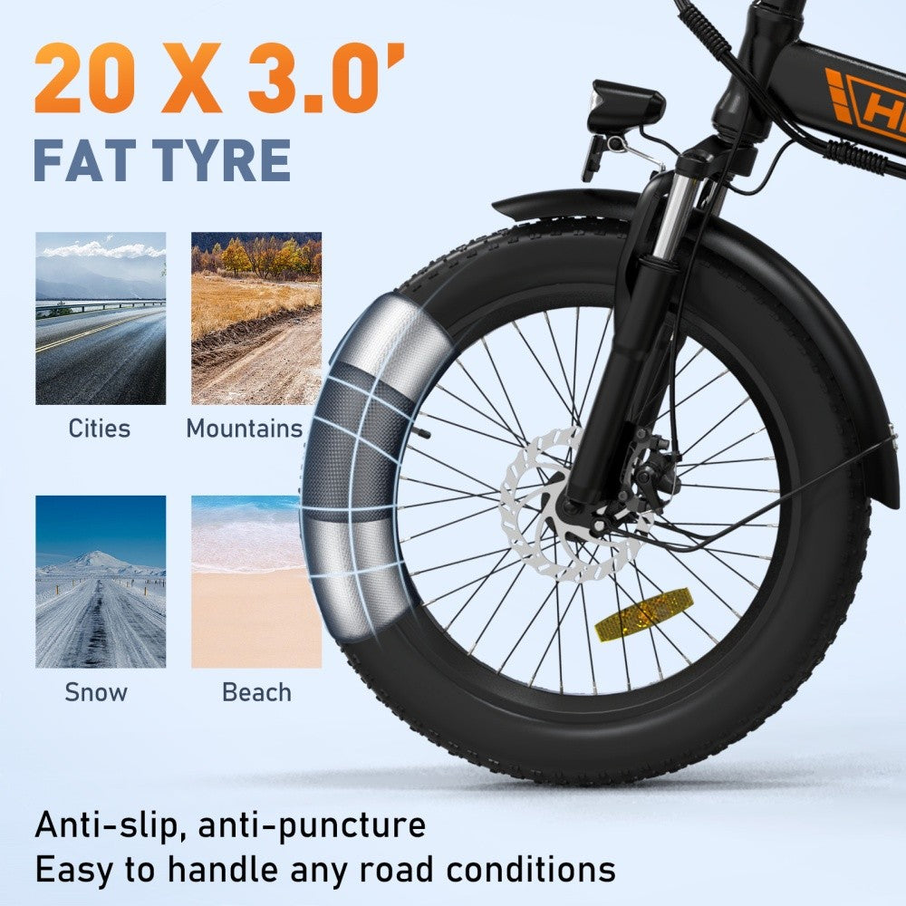 Electric bike with a 20x3.0 fat tire, showcasing its suitability for various terrains on a light blue background.