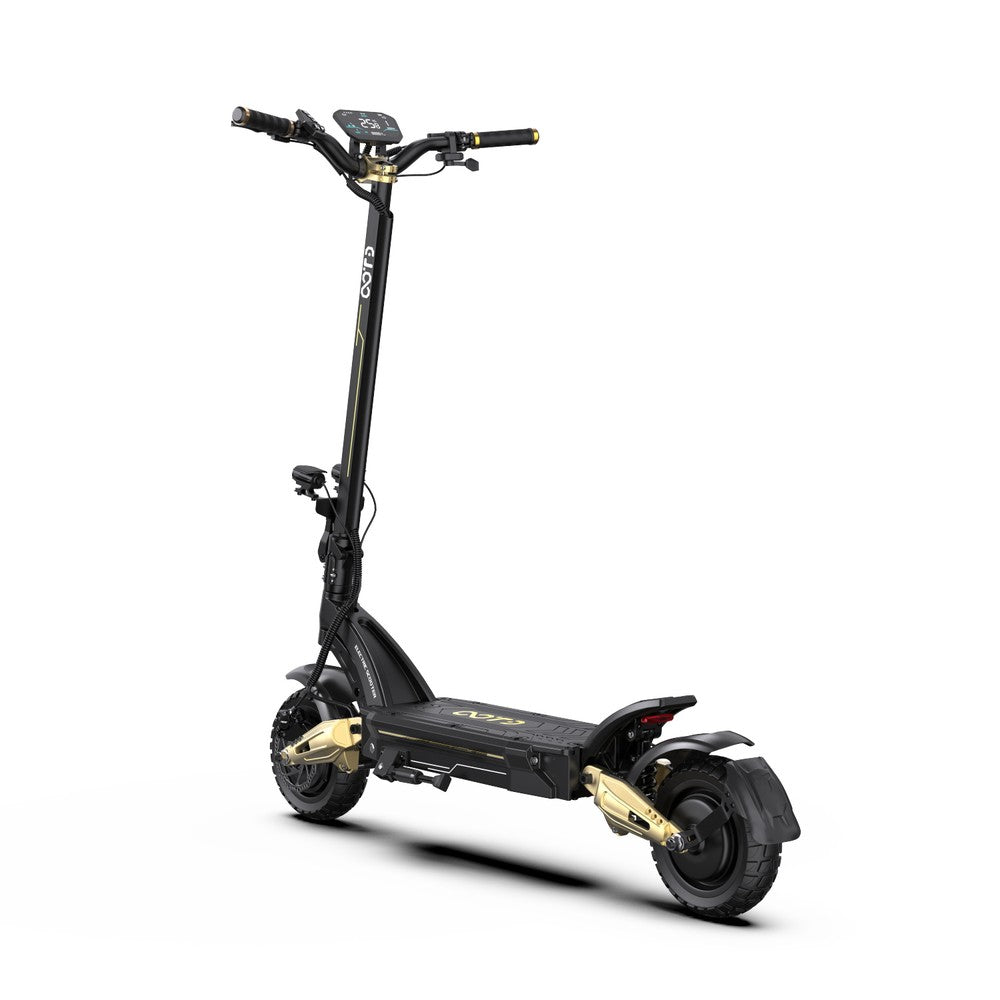 Black and gold electric scooter on a white background
