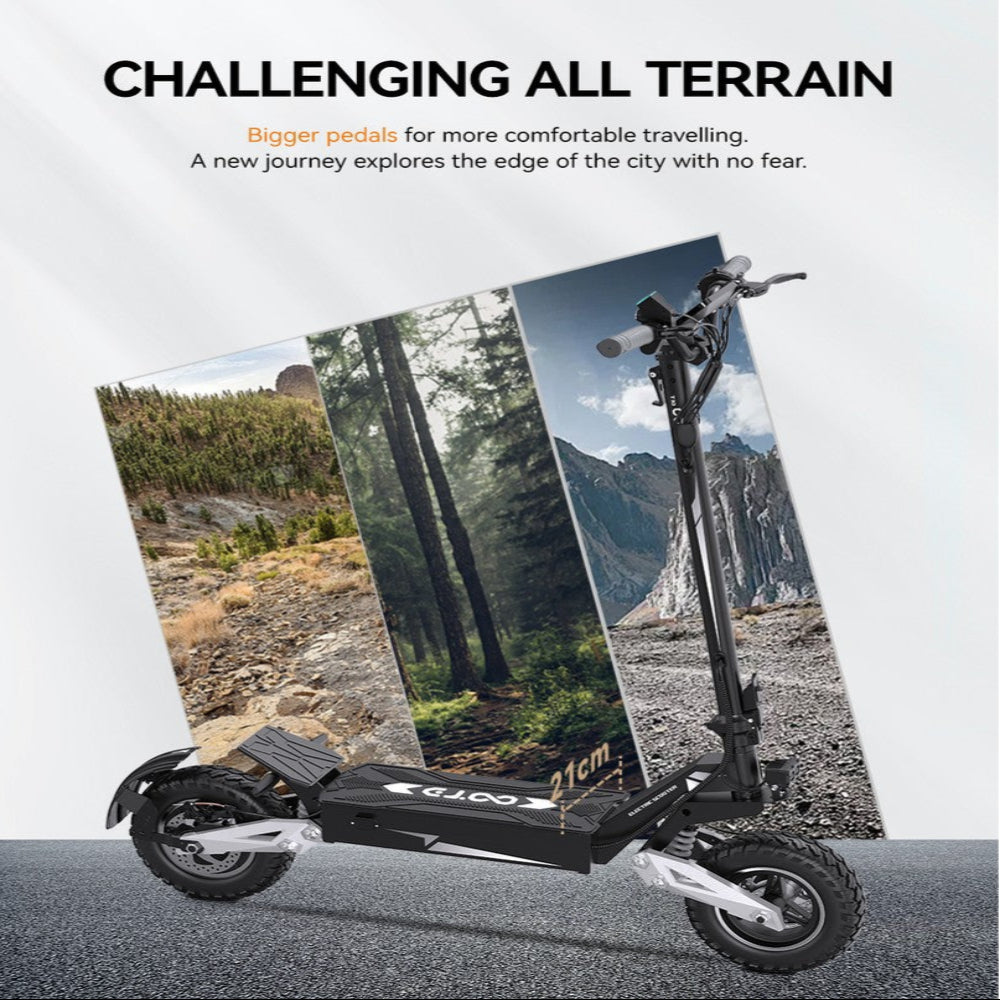 Electric scooter with scenic landscapes on a white background
