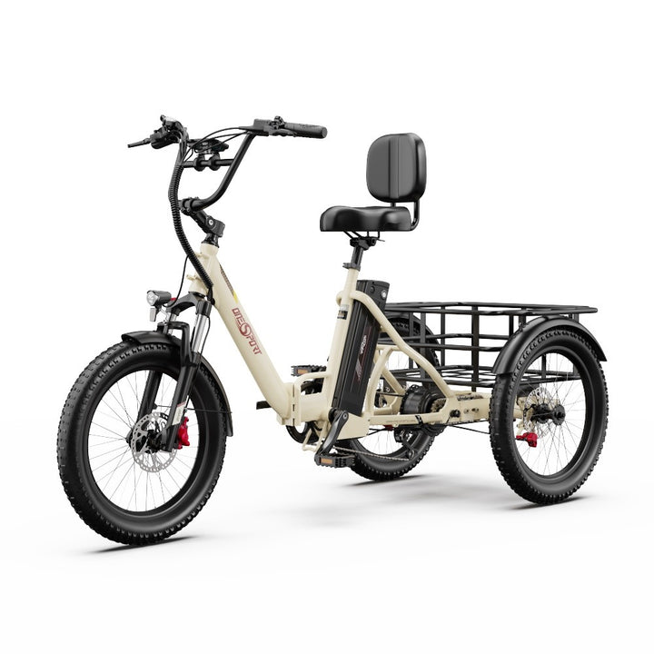 White electric tricycle with a seat and basket on a white background