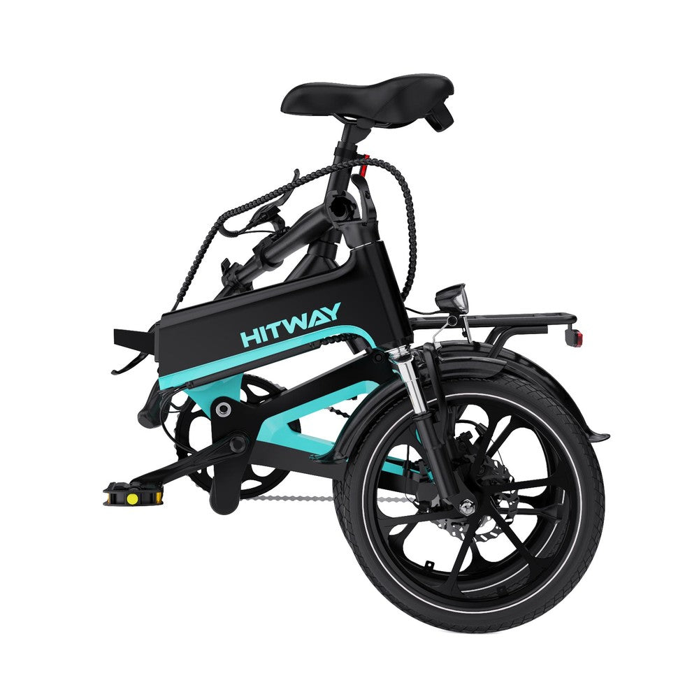Black and turquoise Hitway electric bike on a white background