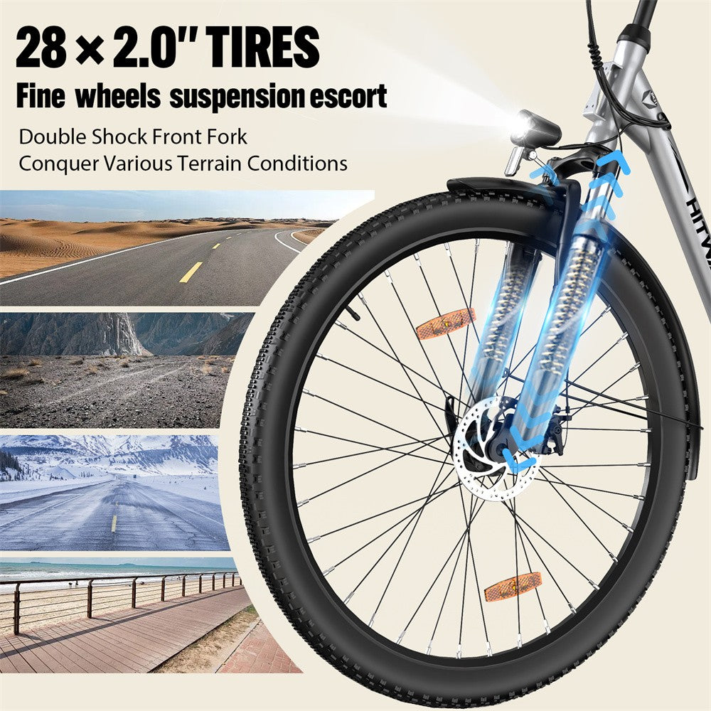 Bicycle wheel with suspension fork on a beige background, featuring text about tire size and suspension system.