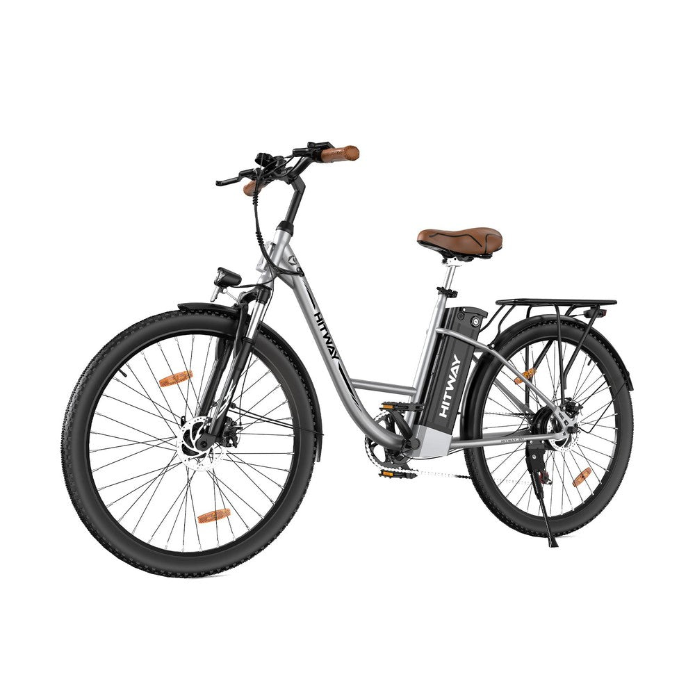 Silver electric bicycle with a brown seat on a white background