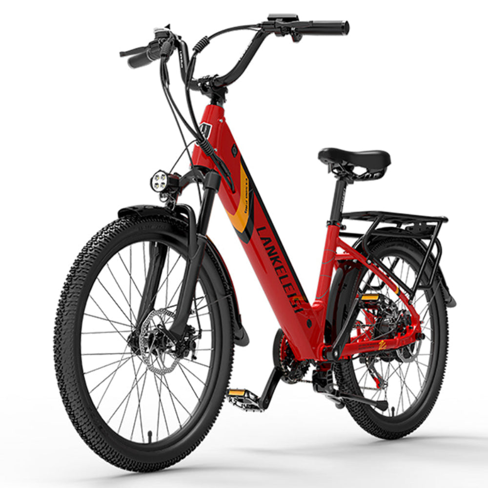 Red electric bike with black components on a white background