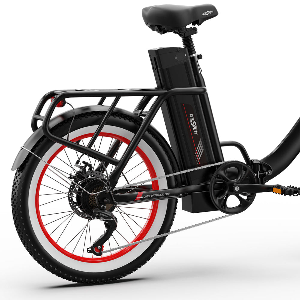 "DUO OT16-2 Folding Electric Bike in black, showcasing 20-inch frame, LCD display, front and rear disc brakes, and pneumatic tires."