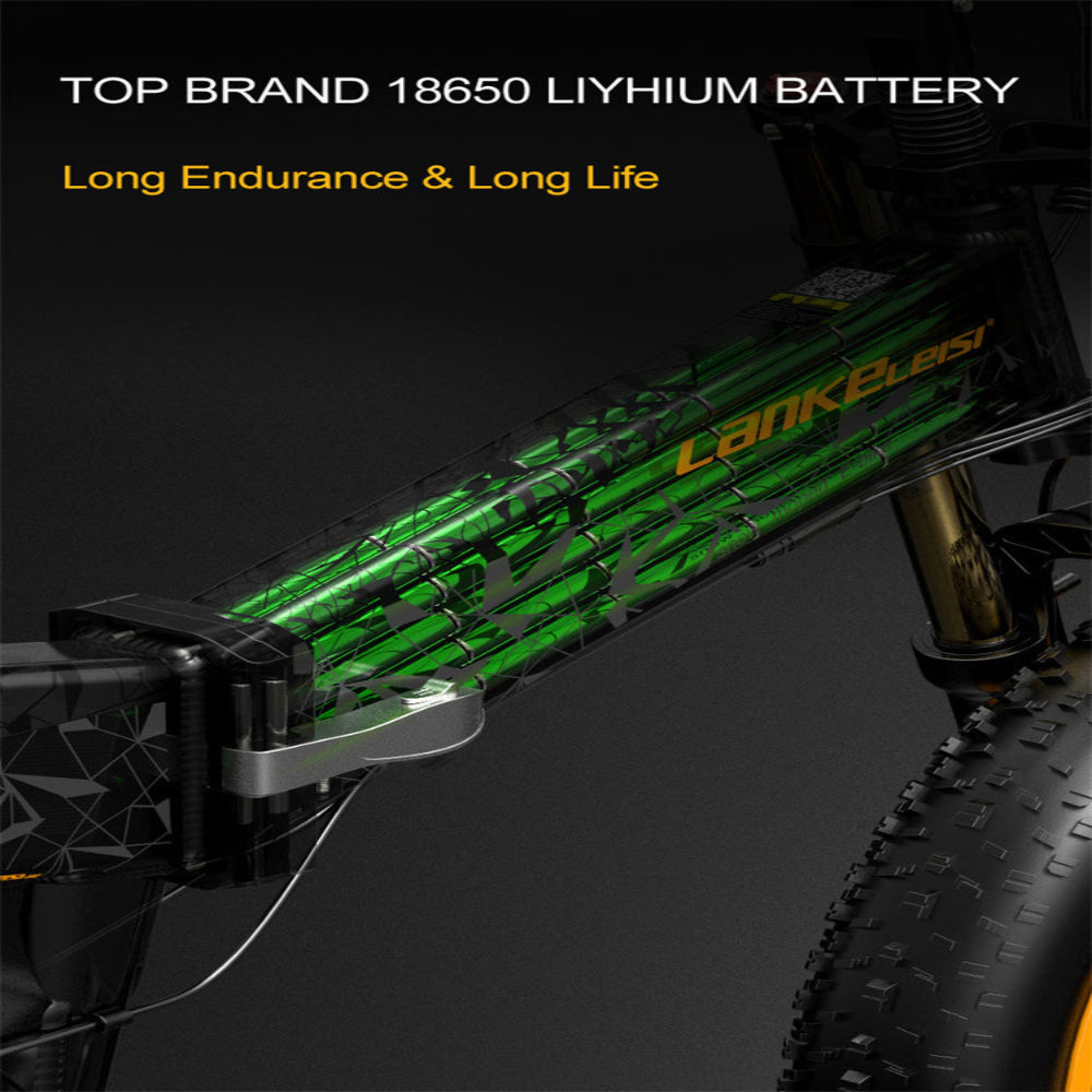 Bicycle frame with green lithium battery pack labeled 'Lankeleisi' on a dark background.