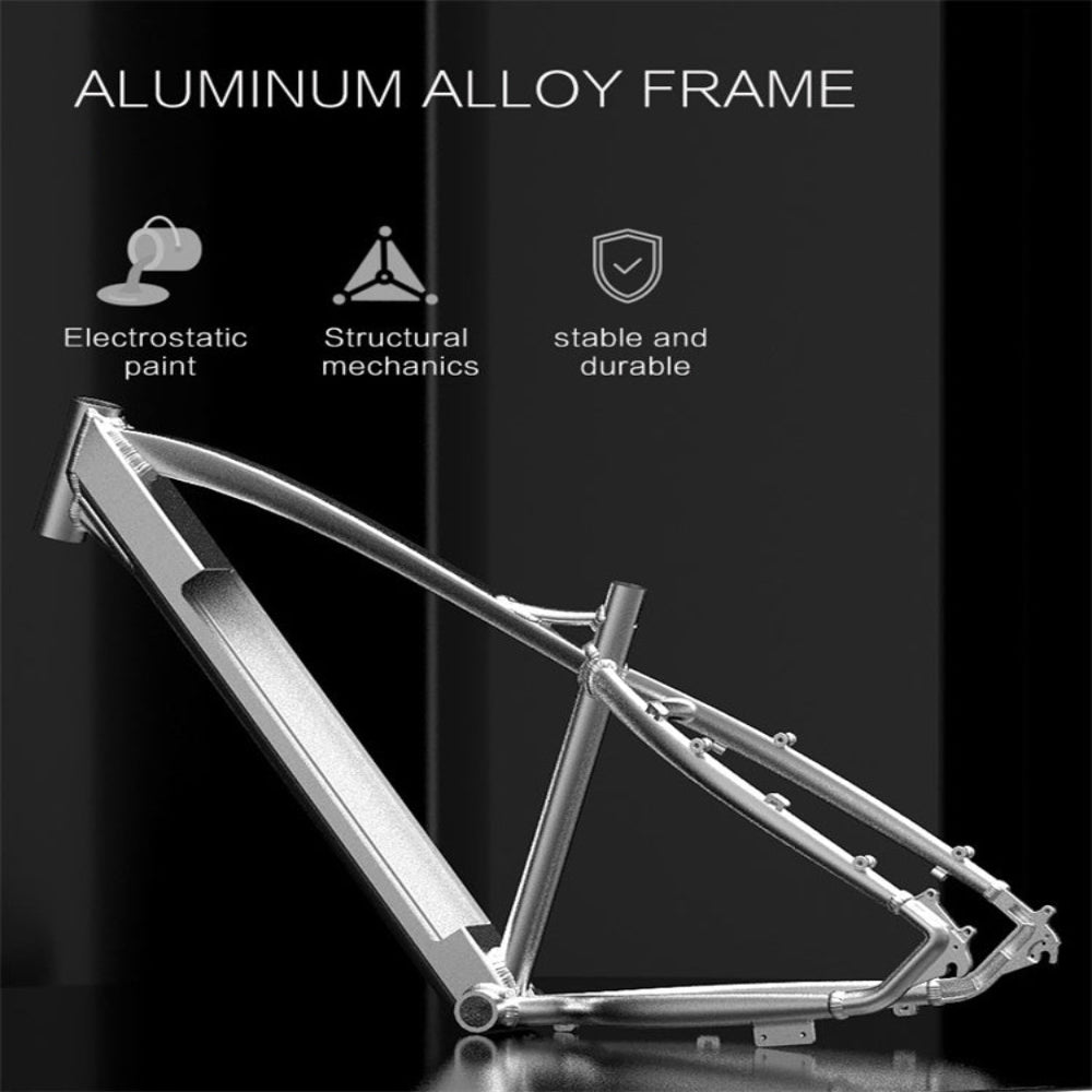 Aluminum alloy bicycle frame with features listed on a black background