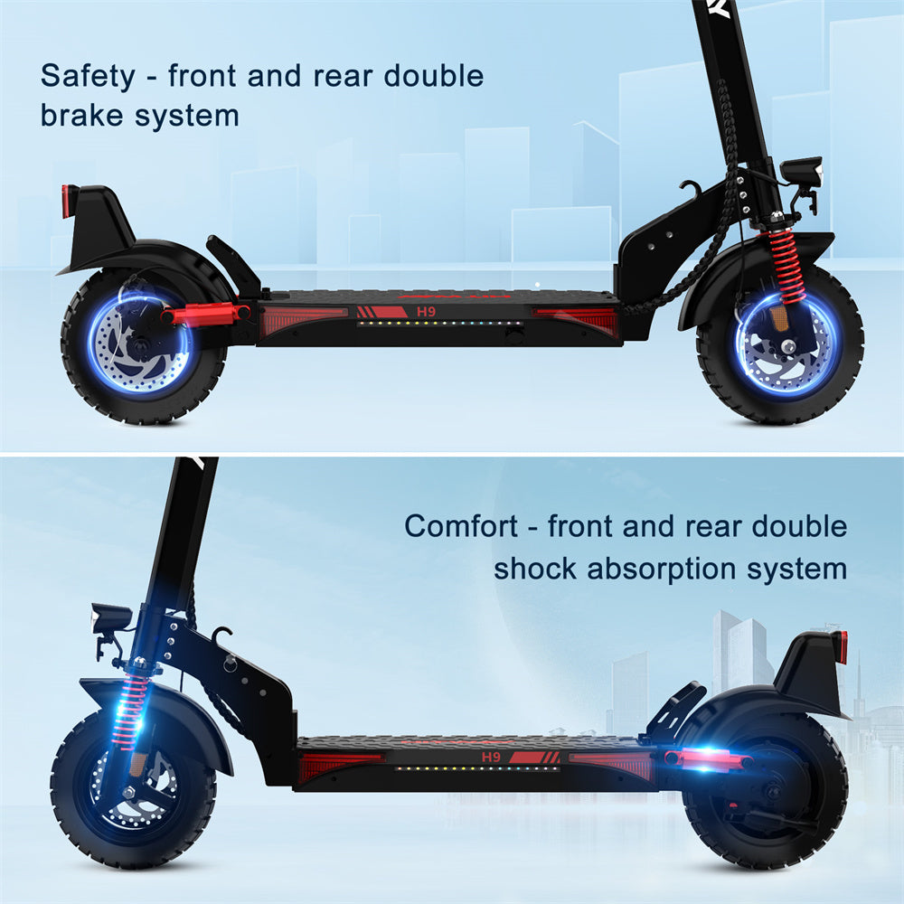 Two electric scooters with safety and comfort features highlighted on a blue background.