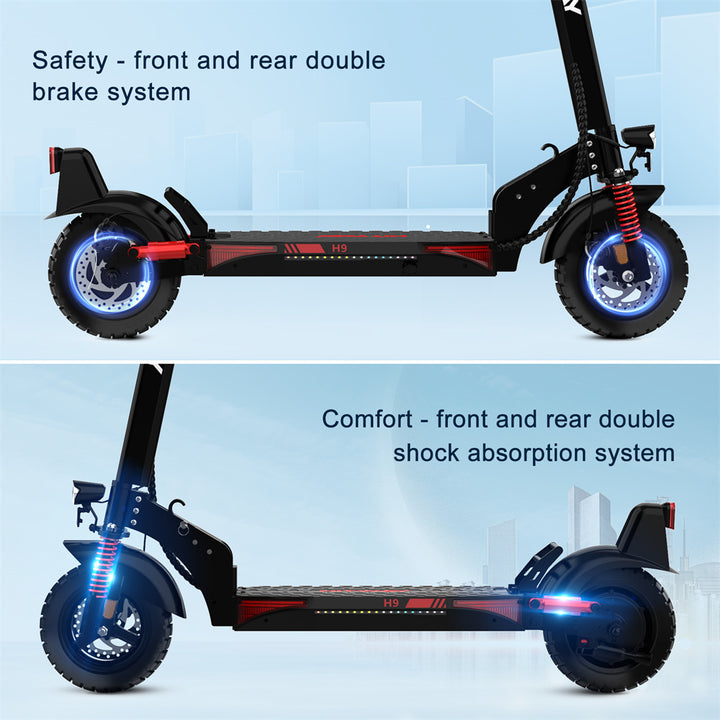 Two electric scooters with safety and comfort features highlighted on a blue background.