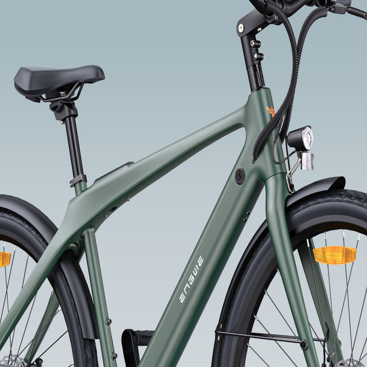 Green electric bicycle with 'enve' branding on a light blue background
