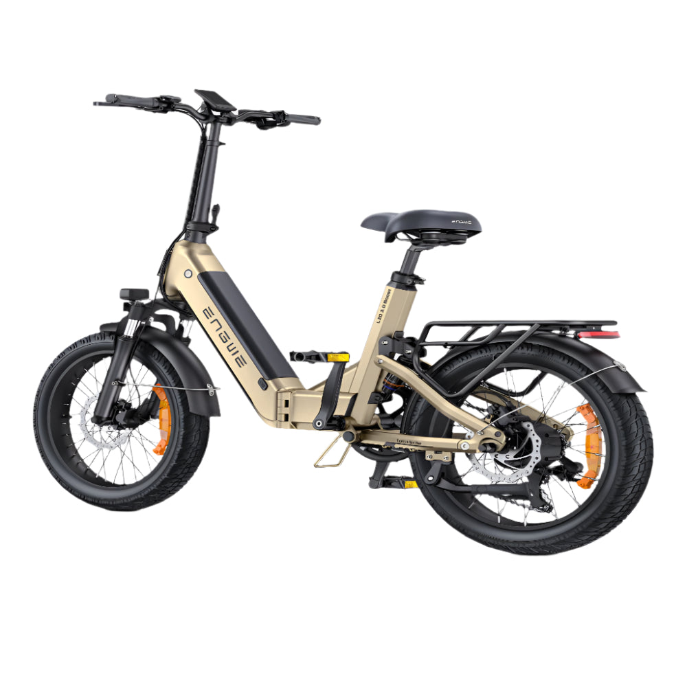 Beige elektrische fiets met zwarte accenten op een witte achtergrond